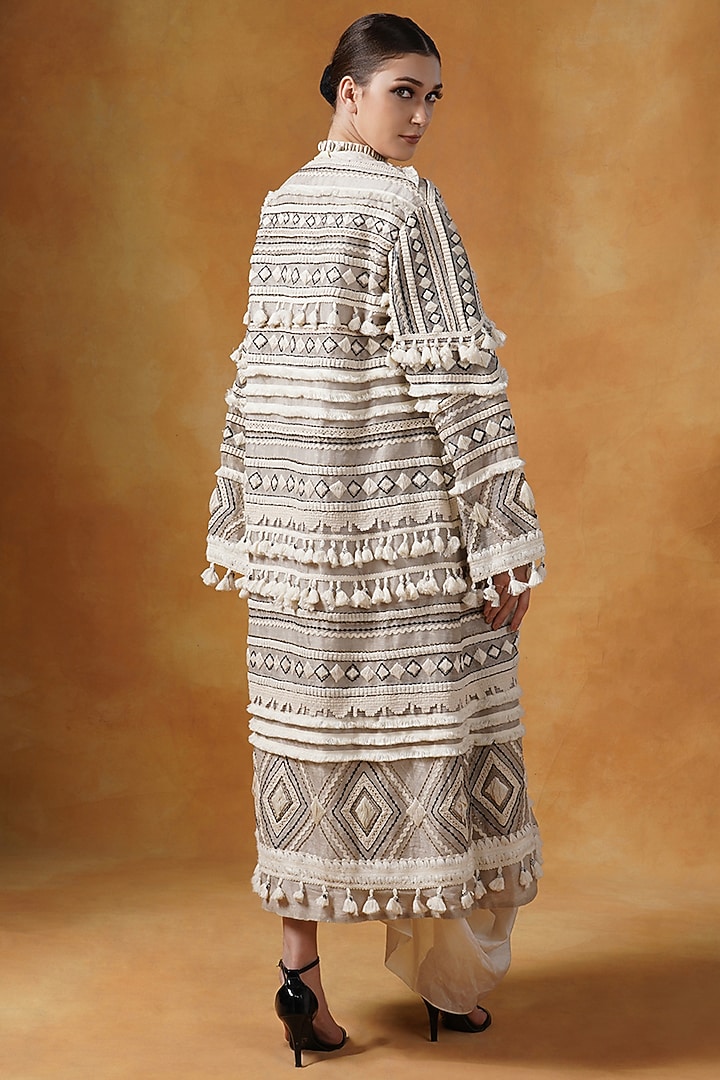 Ivory Cotton Silk Draped Maxi Party Wear Dress With Jacket by Samant Chauhan at Pernia's Pop Up Shop
