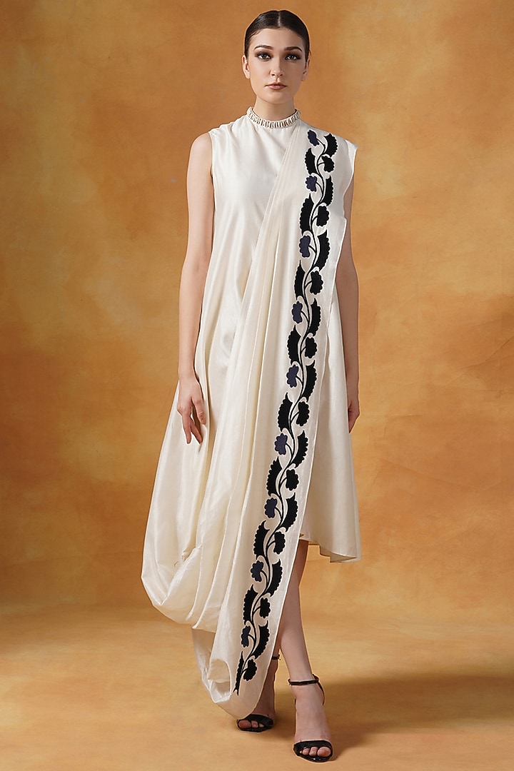 Ivory Cotton Silk Draped Maxi Party Wear Dress With Jacket by Samant Chauhan at Pernia's Pop Up Shop