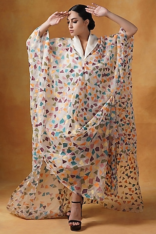 Ivory Organza & Linen Silk Dress by Samant Chauhan