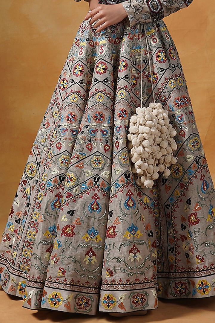 Beige Linen Silk Sequins Embroidered Jacket Bridal Lehenga Set by Samant Chauhan at Pernia's Pop Up Shop