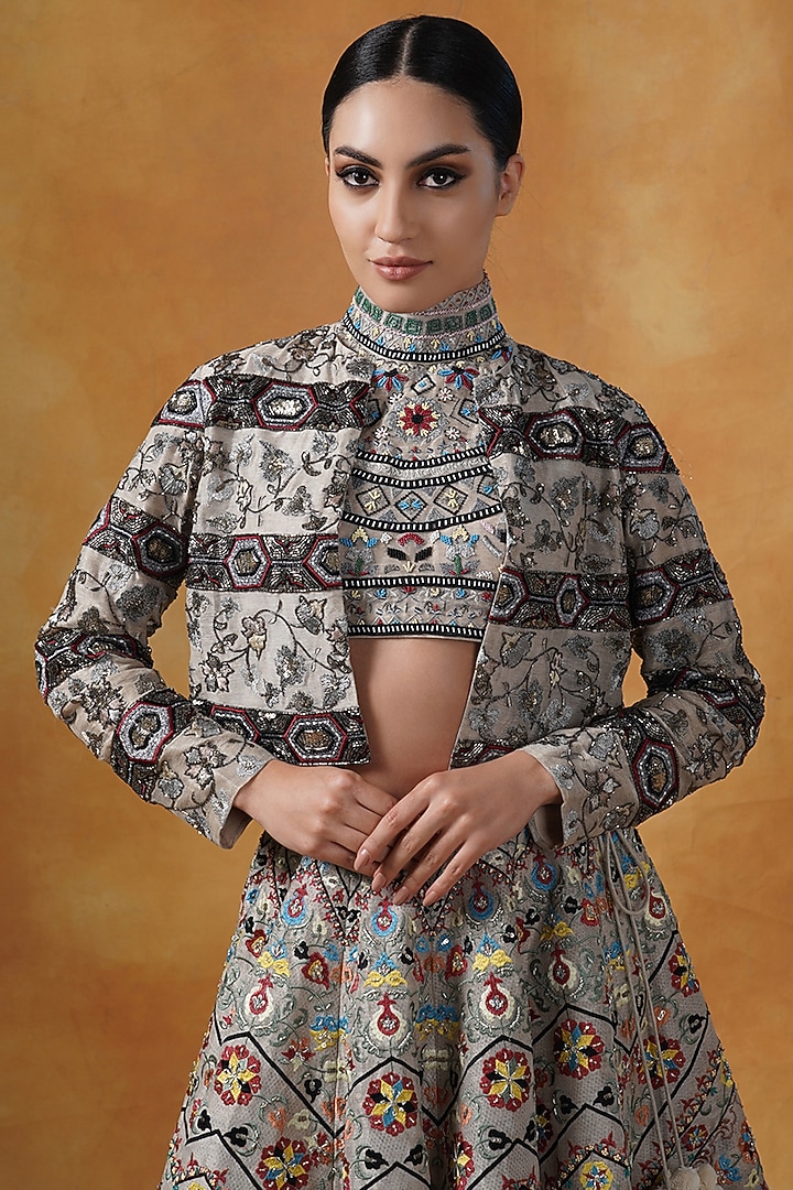 Beige Linen Silk Sequins Embroidered Jacket Bridal Lehenga Set by Samant Chauhan at Pernia's Pop Up Shop