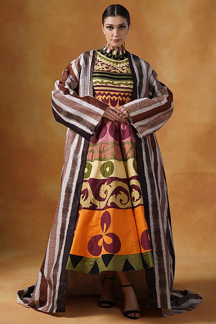 Multi-Colored Cotton Silk Gown With Jacket by Samant Chauhan