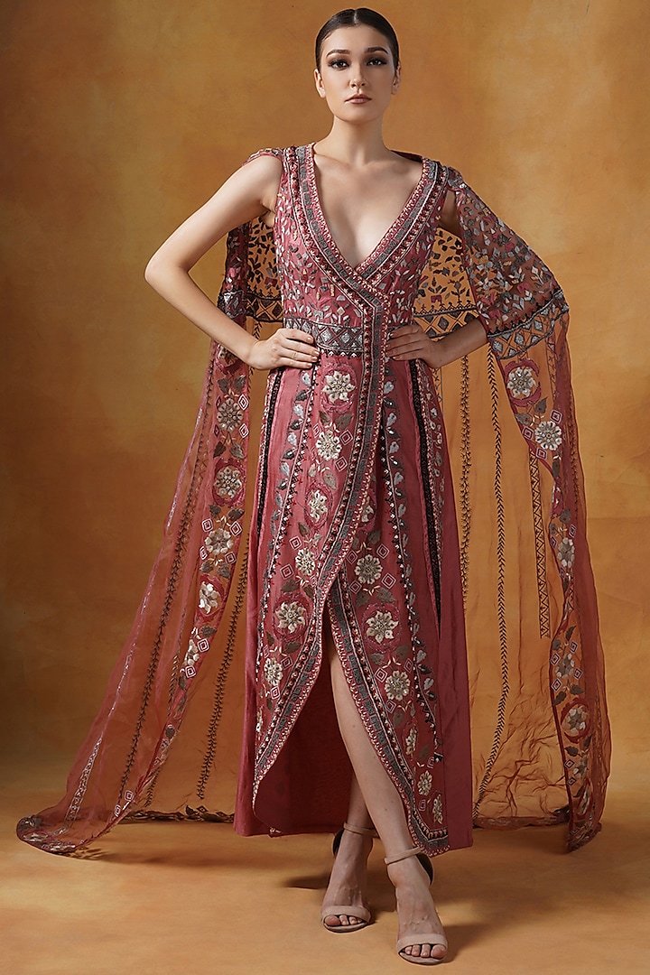 Burnt Umber Cotton Silk & Organza Embroidered Gown by Samant Chauhan