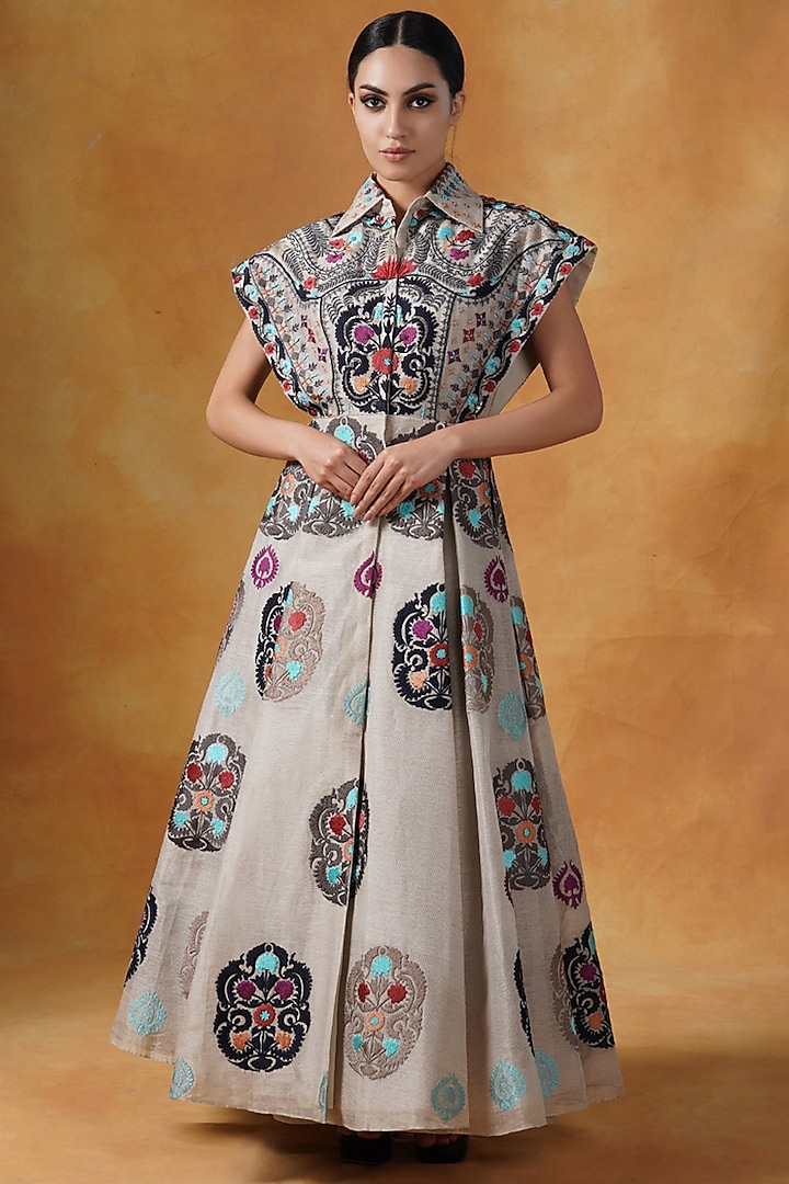 Beige Linen Silk Hand Embroidered Gown by Samant Chauhan