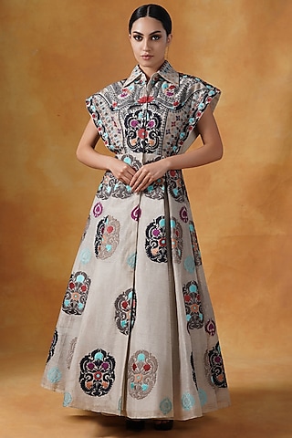 Beige Linen Silk Hand Embroidered Gown by Samant Chauhan