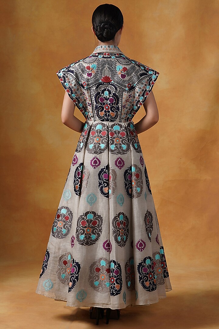 Beige Linen Silk Hand Embroidered Wedding Gown by Samant Chauhan at Pernia's Pop Up Shop