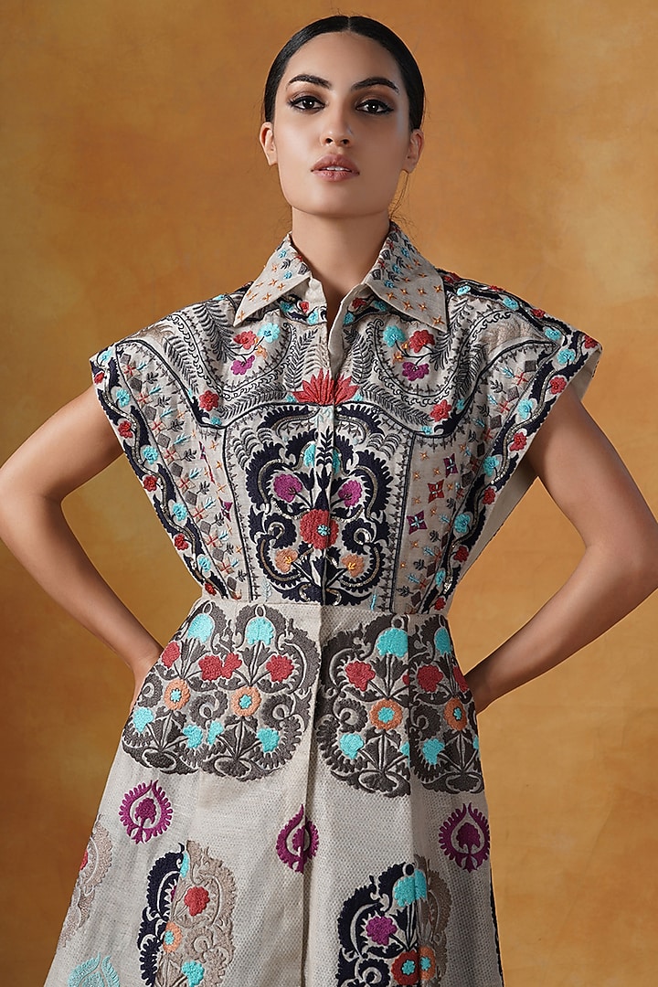 Beige Linen Silk Hand Embroidered Gown by Samant Chauhan at Pernia's Pop Up  Shop 2026