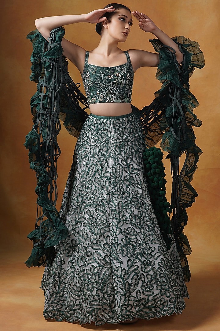 Green Organza Silk Embroidered Bridal Lehenga Set by Samant Chauhan at Pernia's Pop Up Shop