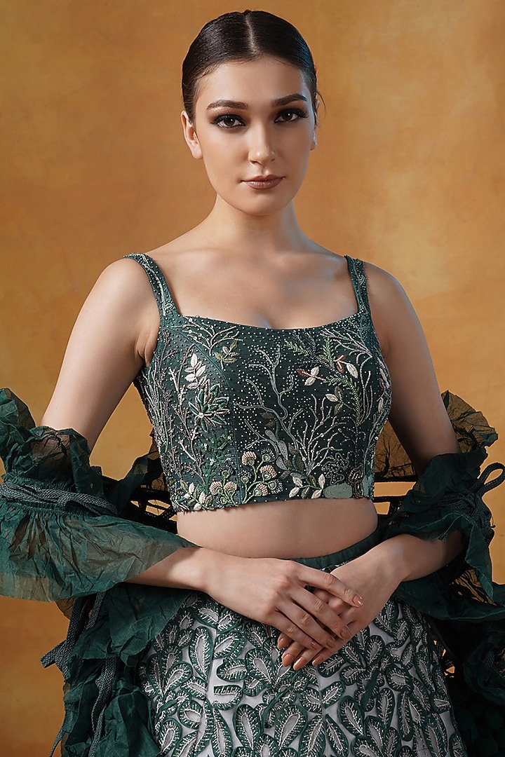 Green Organza Silk Embroidered Bridal Lehenga Set by Samant Chauhan at Pernia's Pop Up Shop