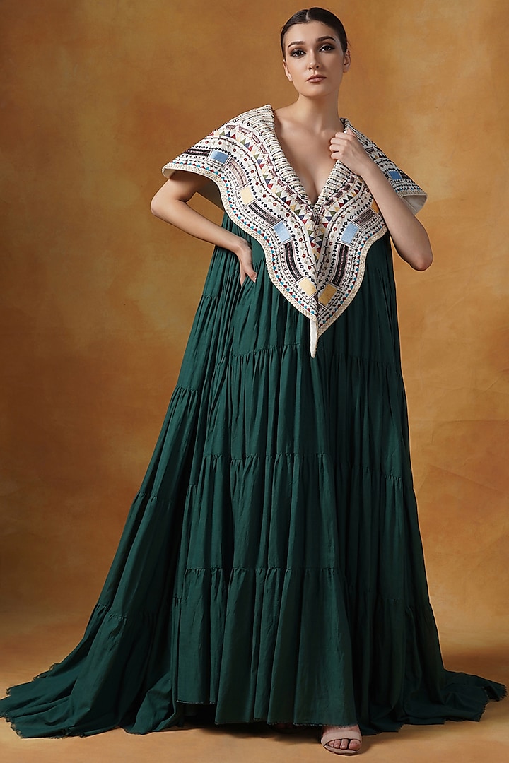 Green Cotton Tiered Gown With Cape by Samant Chauhan