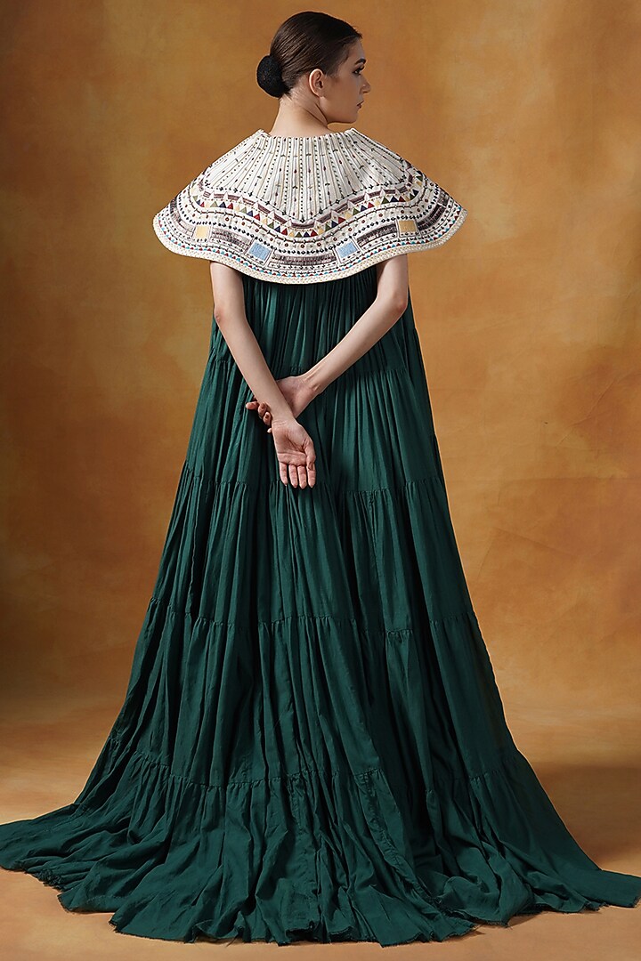 Green Cotton Tiered Engagement Gown With Cape by Samant Chauhan at Pernia's Pop Up Shop