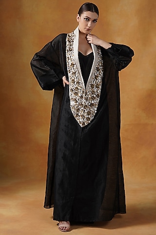 Black Linen Silk Embellished Gown by Samant Chauhan
