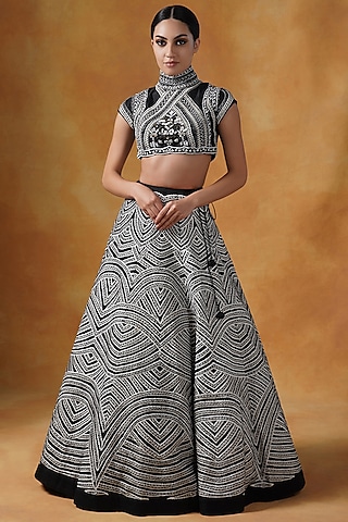 Black Cotton Silk Embroidered Lehenga Set by Samant Chauhan