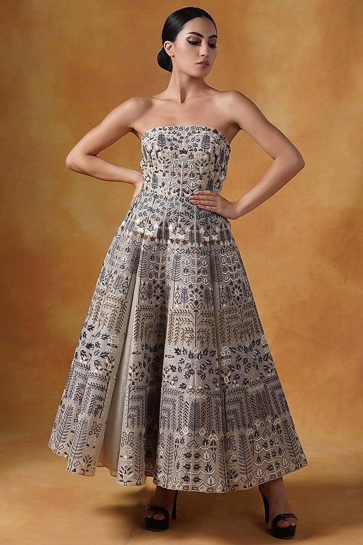 Beige Linen Silk Embroidered Gown by Samant Chauhan