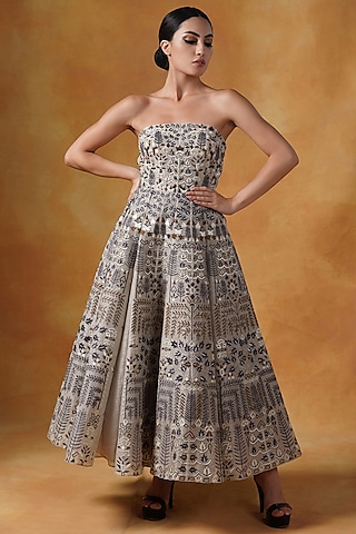 Beige Linen Silk Embroidered Gown by Samant Chauhan