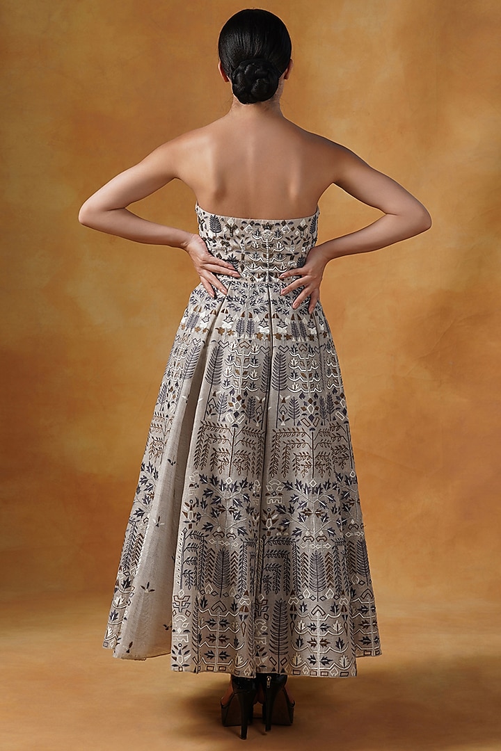 Beige Linen Silk Embroidered Wedding Gown by Samant Chauhan at Pernia's Pop Up Shop
