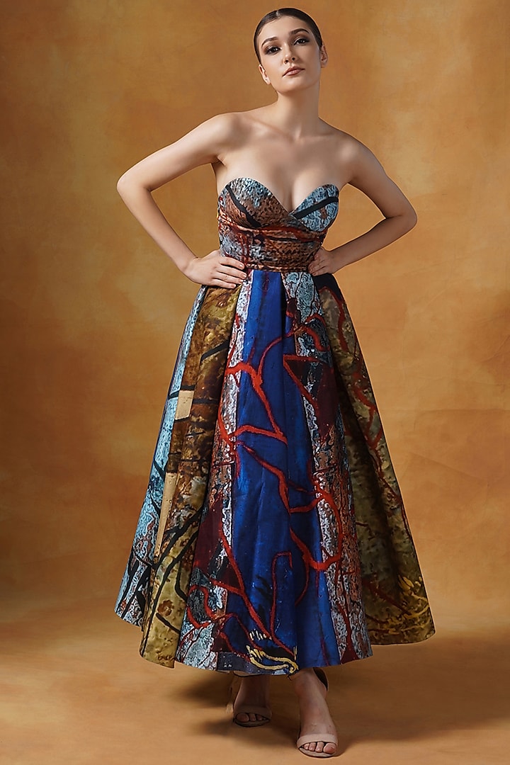 Blue & Green Cotton Silk Printed Gown by Samant Chauhan