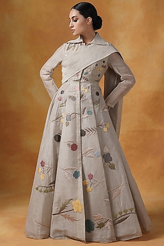 Beige Linen Silk Embroidered Gown by Samant Chauhan
