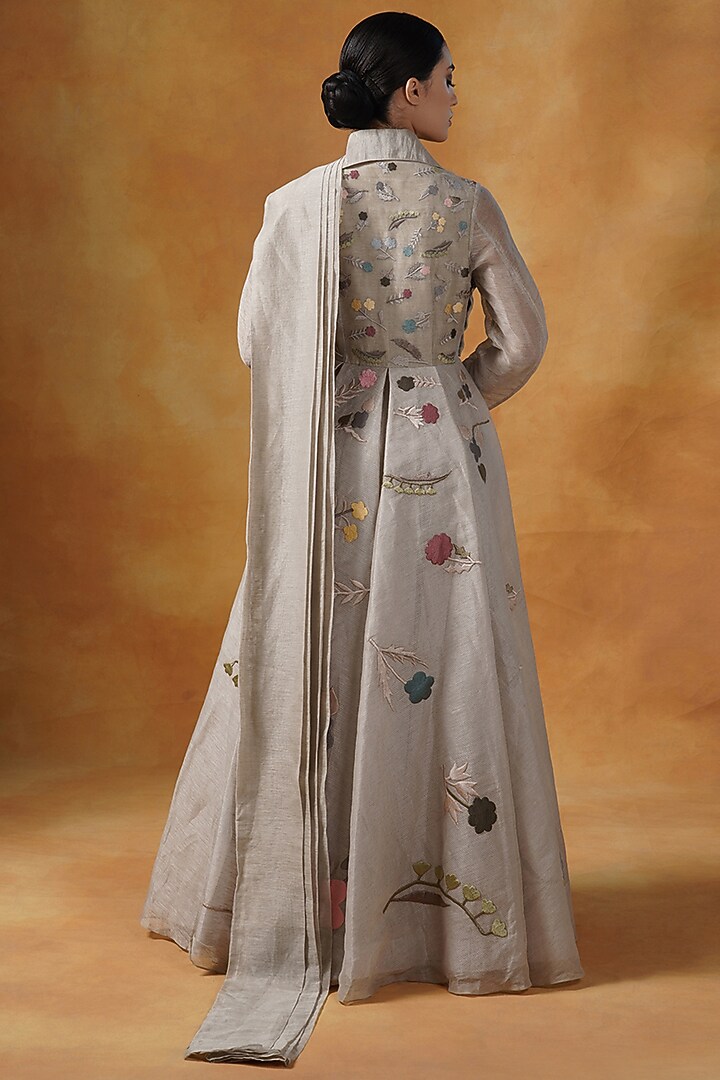 Beige Linen Silk Embroidered Gown by Samant Chauhan at Pernia's Pop Up Shop  2026
