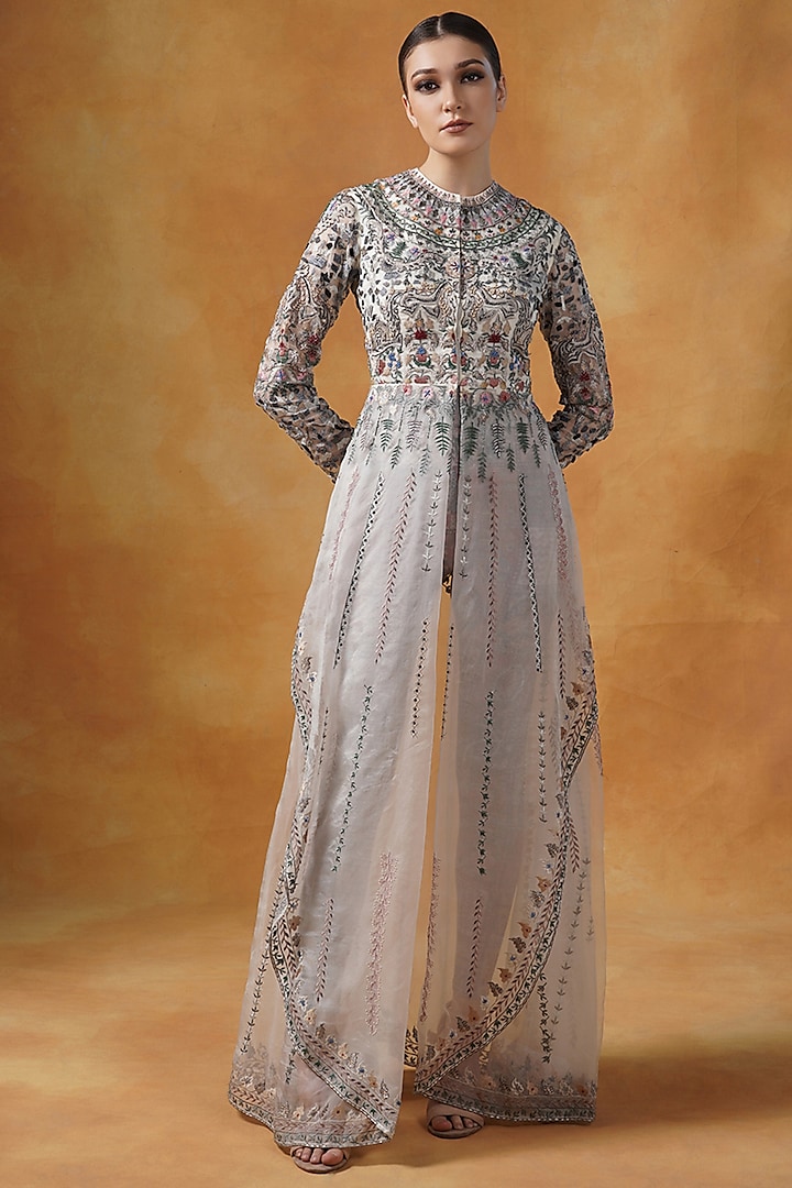 Beige Organza Embroidered Jacket by Samant Chauhan