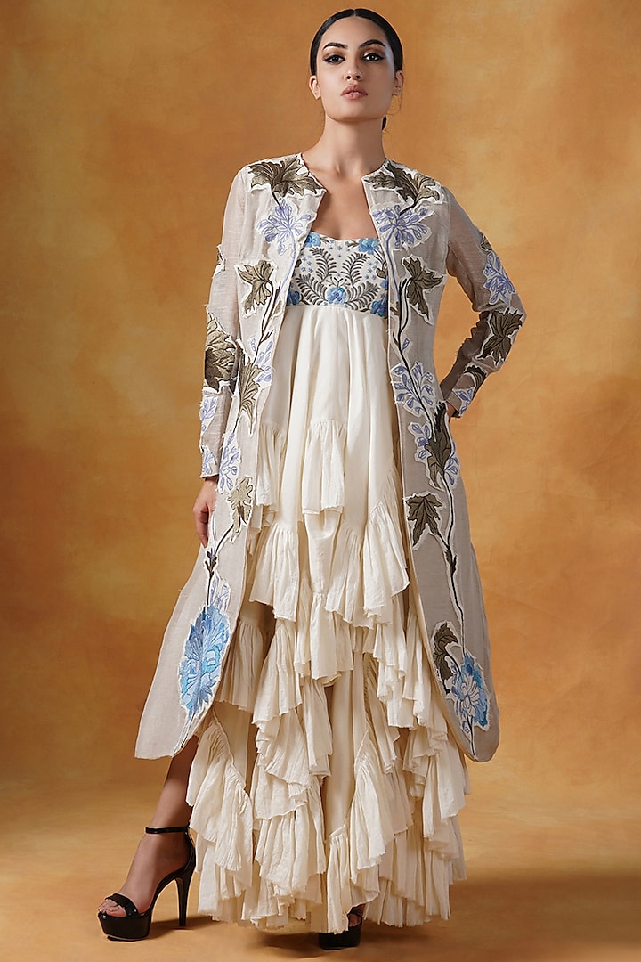Beige Cotton Asymmetric Embroidered Jacket Dress by Samant Chauhan