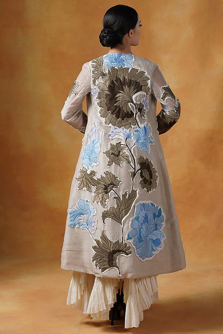 Beige Cotton Embroidered Asymmetric Ruffled Party Wear Dress With Jacket by Samant Chauhan at Pernia's Pop Up Shop