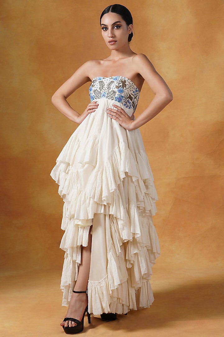 Beige Cotton Embroidered Asymmetric Ruffled Party Wear Dress With Jacket by Samant Chauhan at Pernia's Pop Up Shop