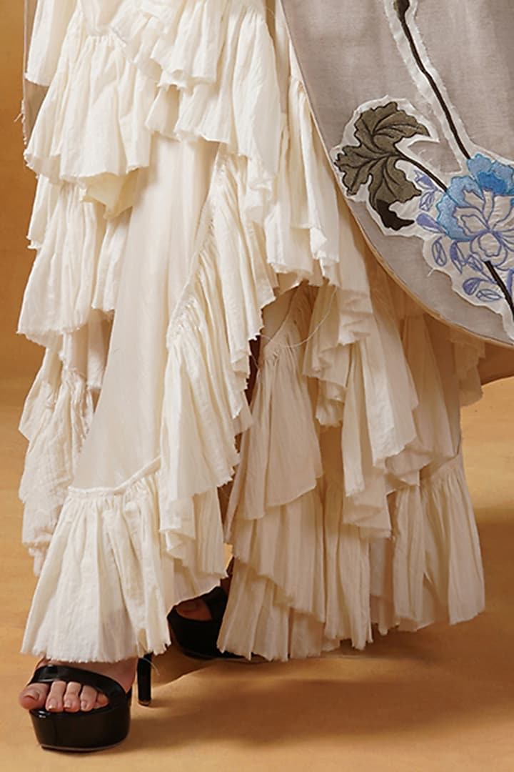 Beige Cotton Embroidered Asymmetric Ruffled Party Wear Dress With Jacket by Samant Chauhan at Pernia's Pop Up Shop