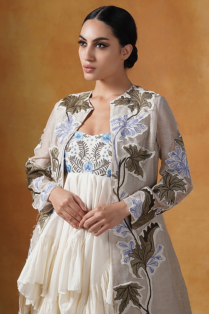 Beige Cotton Embroidered Asymmetric Ruffled Party Wear Dress With Jacket by Samant Chauhan at Pernia's Pop Up Shop