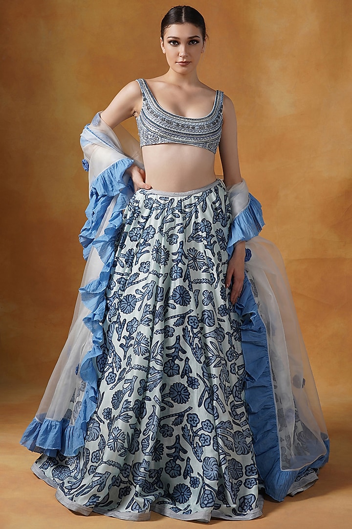 White & Blue Cotton Silk Printed Lehenga Set by Samant Chauhan