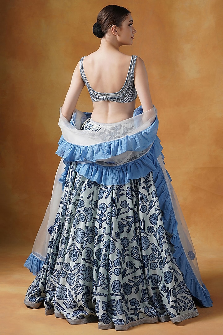 White & Blue Cotton Silk Printed Wedding Lehenga Set by Samant Chauhan at Pernia's Pop Up Shop