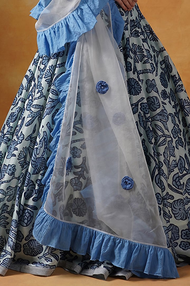 White & Blue Cotton Silk Printed Wedding Lehenga Set by Samant Chauhan at Pernia's Pop Up Shop
