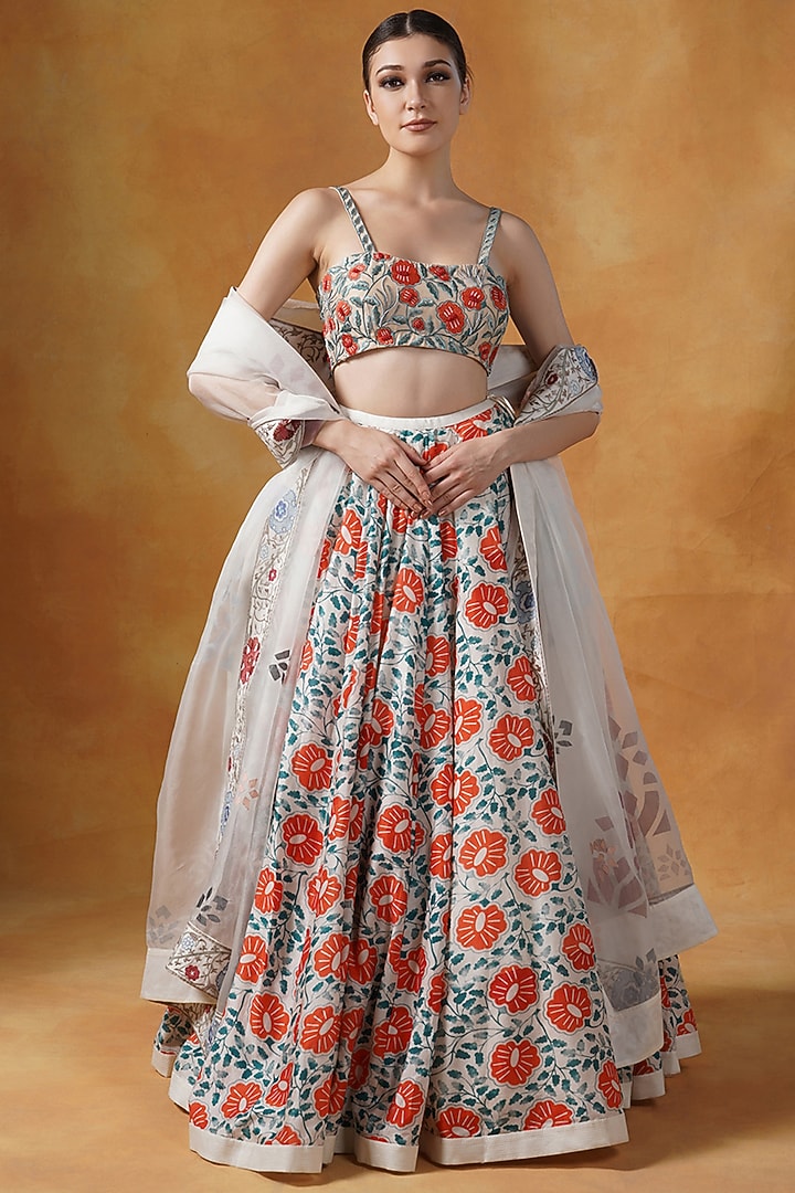 White & Orange Cotton Silk Printed Wedding Lehenga Set by Samant Chauhan at Pernia's Pop Up Shop