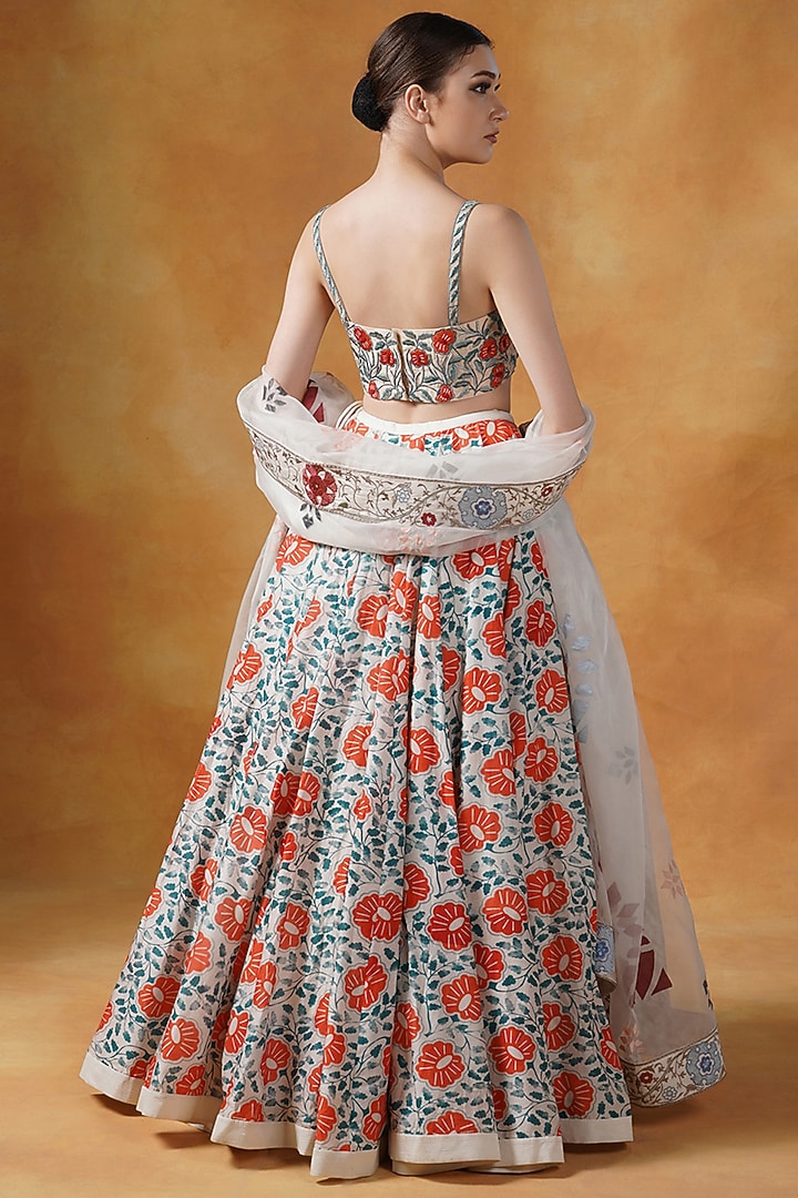 White & Orange Cotton Silk Printed Wedding Lehenga Set by Samant Chauhan at Pernia's Pop Up Shop