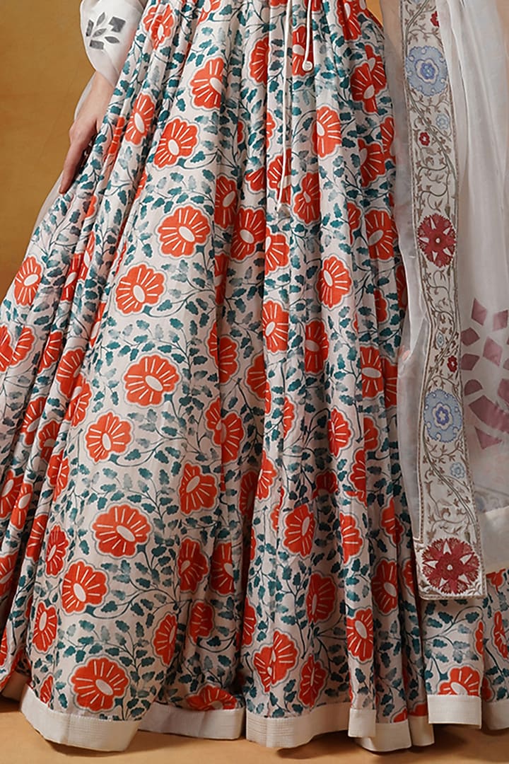 White & Orange Cotton Silk Printed Wedding Lehenga Set by Samant Chauhan at Pernia's Pop Up Shop