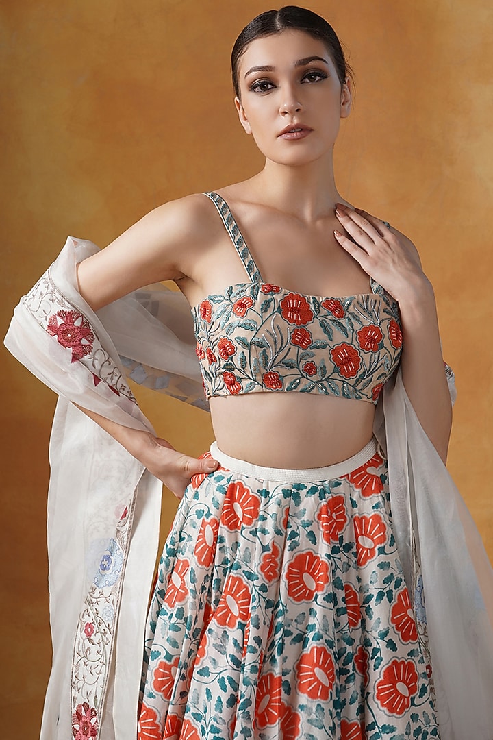 White & Orange Cotton Silk Printed Wedding Lehenga Set by Samant Chauhan at Pernia's Pop Up Shop