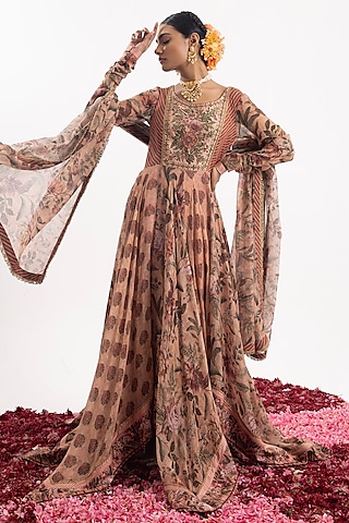 Peach Cotton Silk Chanderi Digital Digital Printed Anarkali Set by Samant Chauhan