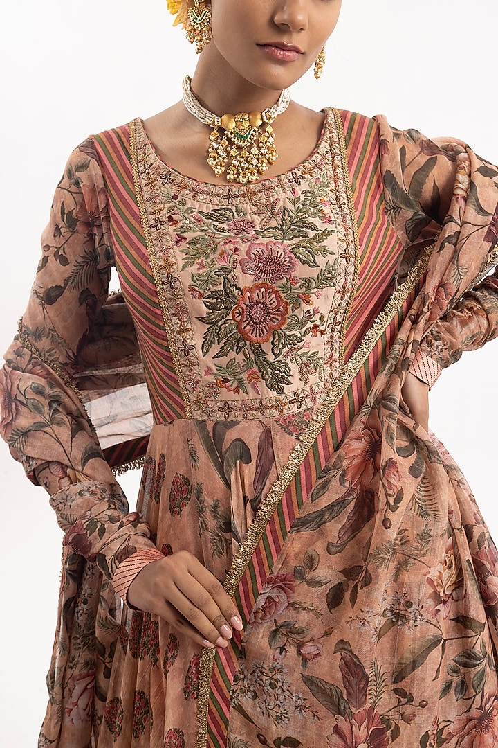 Peach Cotton Silk Chanderi Digital Digital Printed Wedding Anarkali Set by Samant Chauhan at Pernia's Pop Up Shop