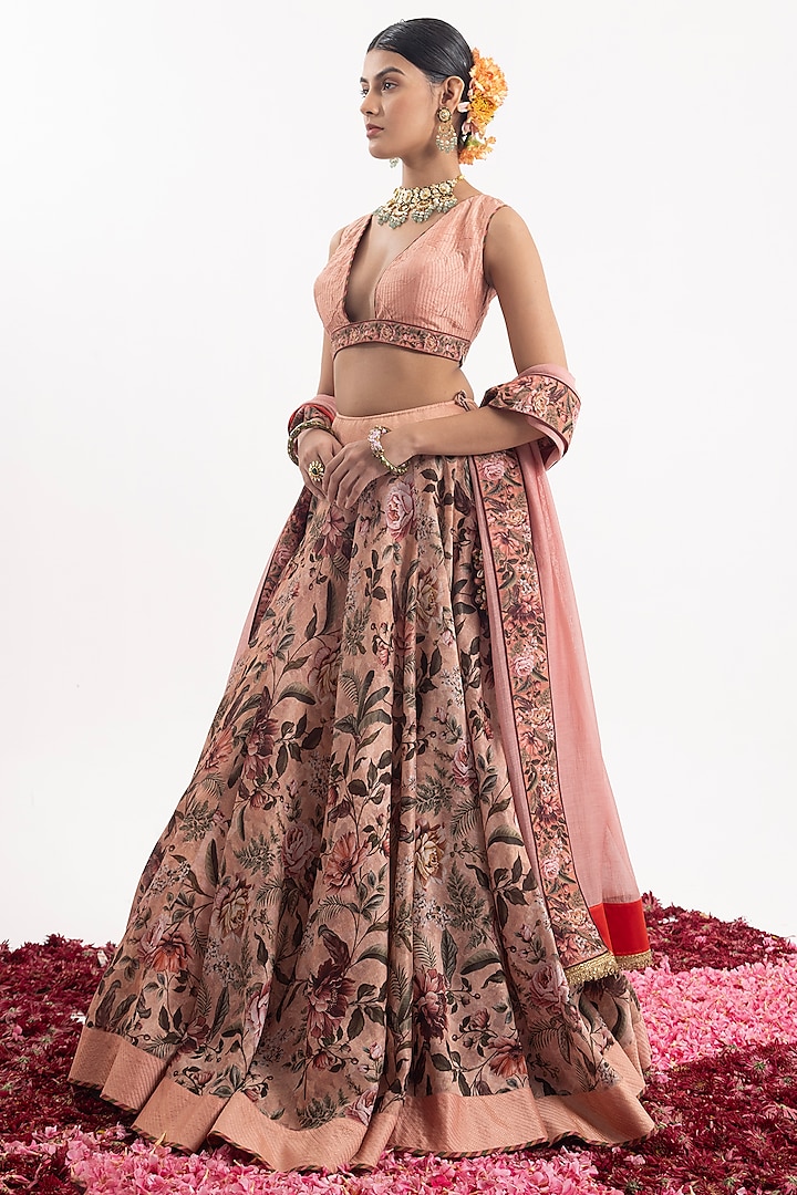 Peach Cotton Silk Chanderi Digital Printed Wedding Lehenga Set by Samant Chauhan at Pernia's Pop Up Shop