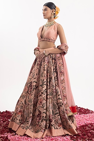 Peach Cotton Silk Chanderi Digital Printed Lehenga Set by Samant Chauhan