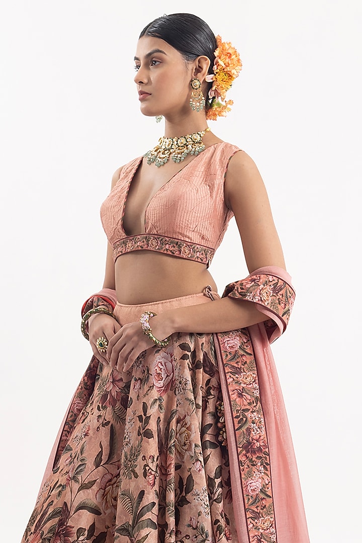 Peach Cotton Silk Chanderi Digital Printed Wedding Lehenga Set by Samant Chauhan at Pernia's Pop Up Shop
