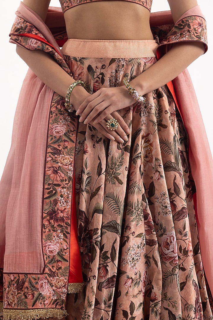Peach Cotton Silk Chanderi Digital Printed Wedding Lehenga Set by Samant Chauhan at Pernia's Pop Up Shop