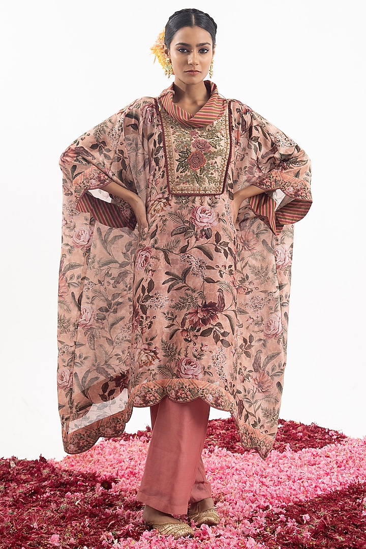 Peach Cotton Silk Chanderi Digital Printed Kaftan Set by Samant Chauhan at Pernia's Pop Up Shop