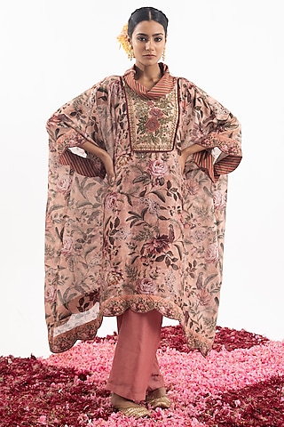 Peach Cotton Silk Chanderi Digital Printed Kaftan Set by Samant Chauhan