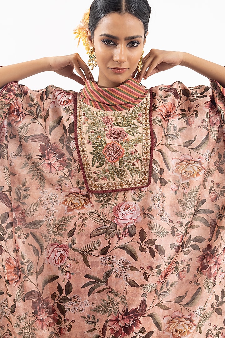 Peach Cotton Silk Chanderi Digital Printed Kaftan Set by Samant Chauhan at Pernia's Pop Up Shop