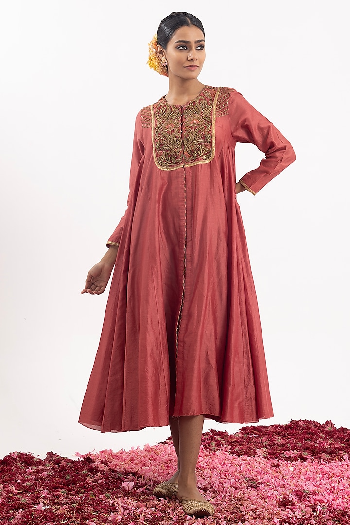 Dark Coral Cotton Silk Chanderi Anarkali by Samant Chauhan at Pernia's Pop Up Shop