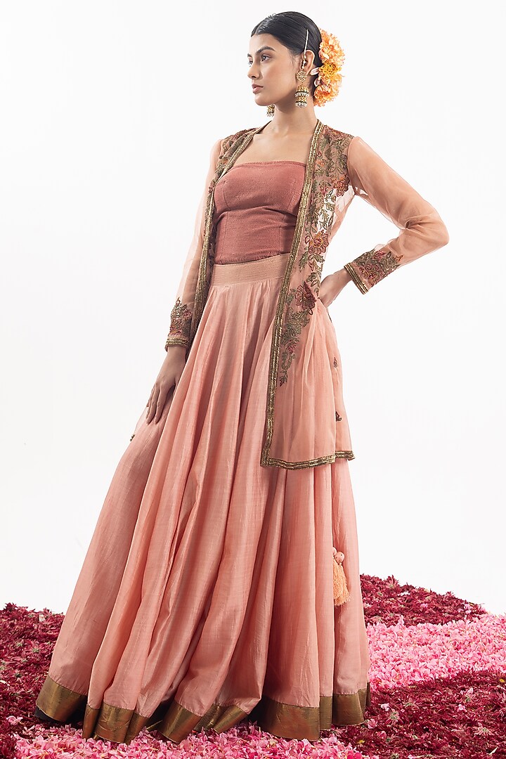 Peach Cotton Silk Chanderi Skirt Set by Samant Chauhan at Pernia's Pop Up Shop
