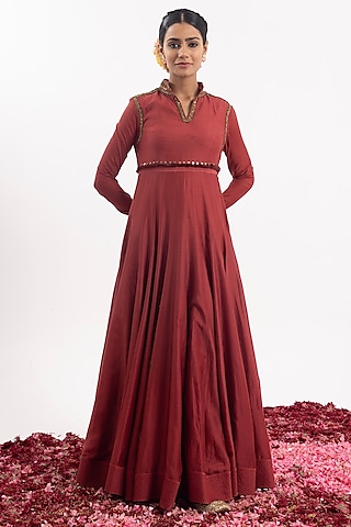 Wine Cotton Silk Chanderi Anarkali by Samant Chauhan