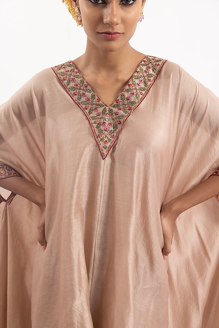 Peach Cotton Silk Chanderi Embroidered Kaftan by Samant Chauhan at Pernia's Pop Up Shop