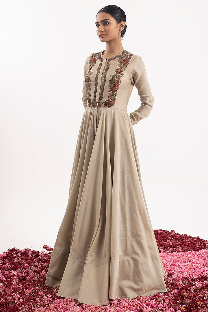 Grey Cotton Silk Chanderi Embroidered Anarkali by Samant Chauhan